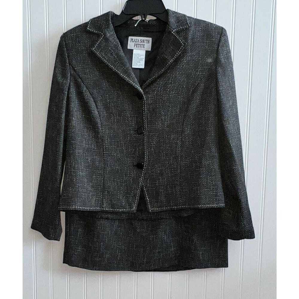 Plaza South Petite 2PC Tweed Linen Black & White Suit Size 10P W/ A Line Skirt
